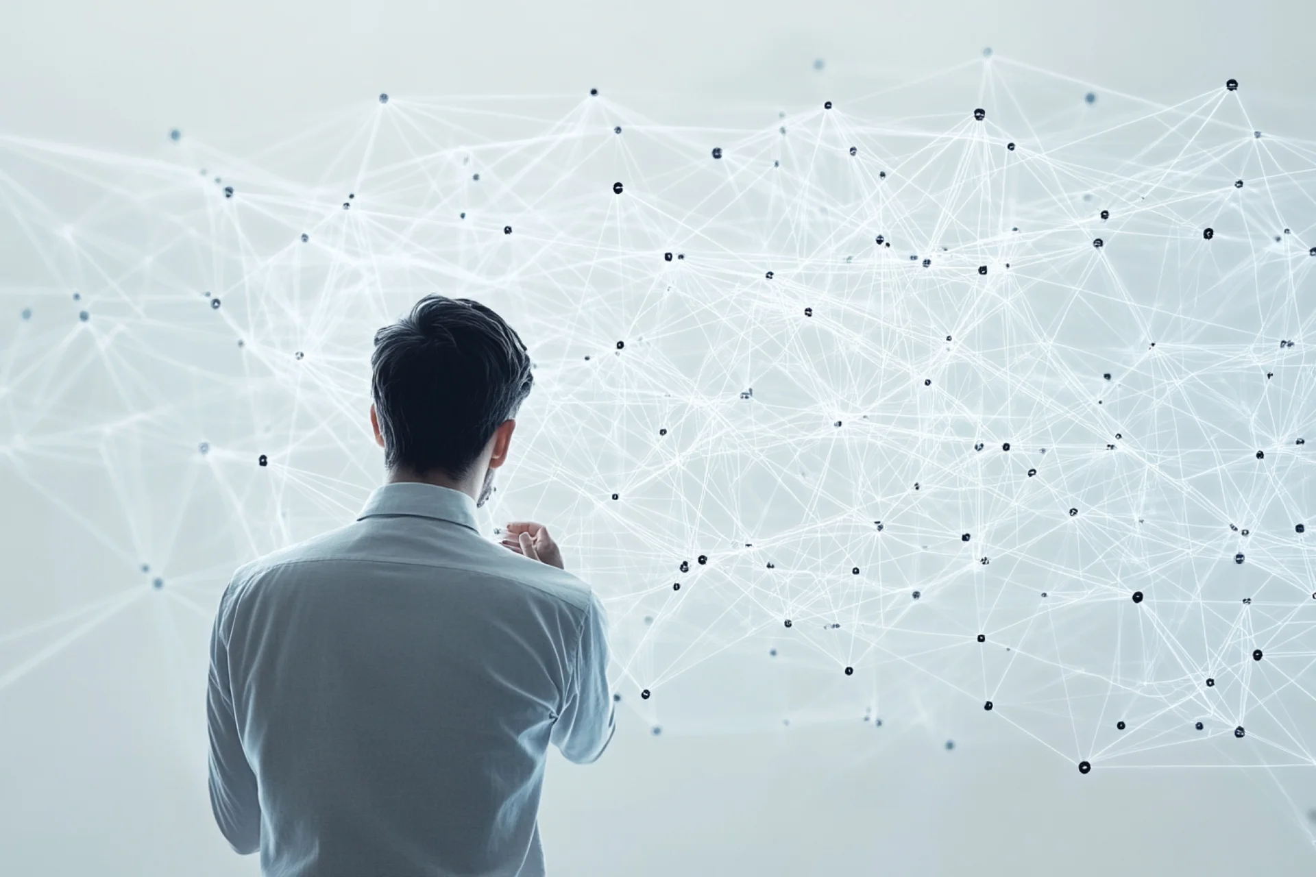 Mann sieht elektronische Netzwerkverbindungen vor einer Wand.